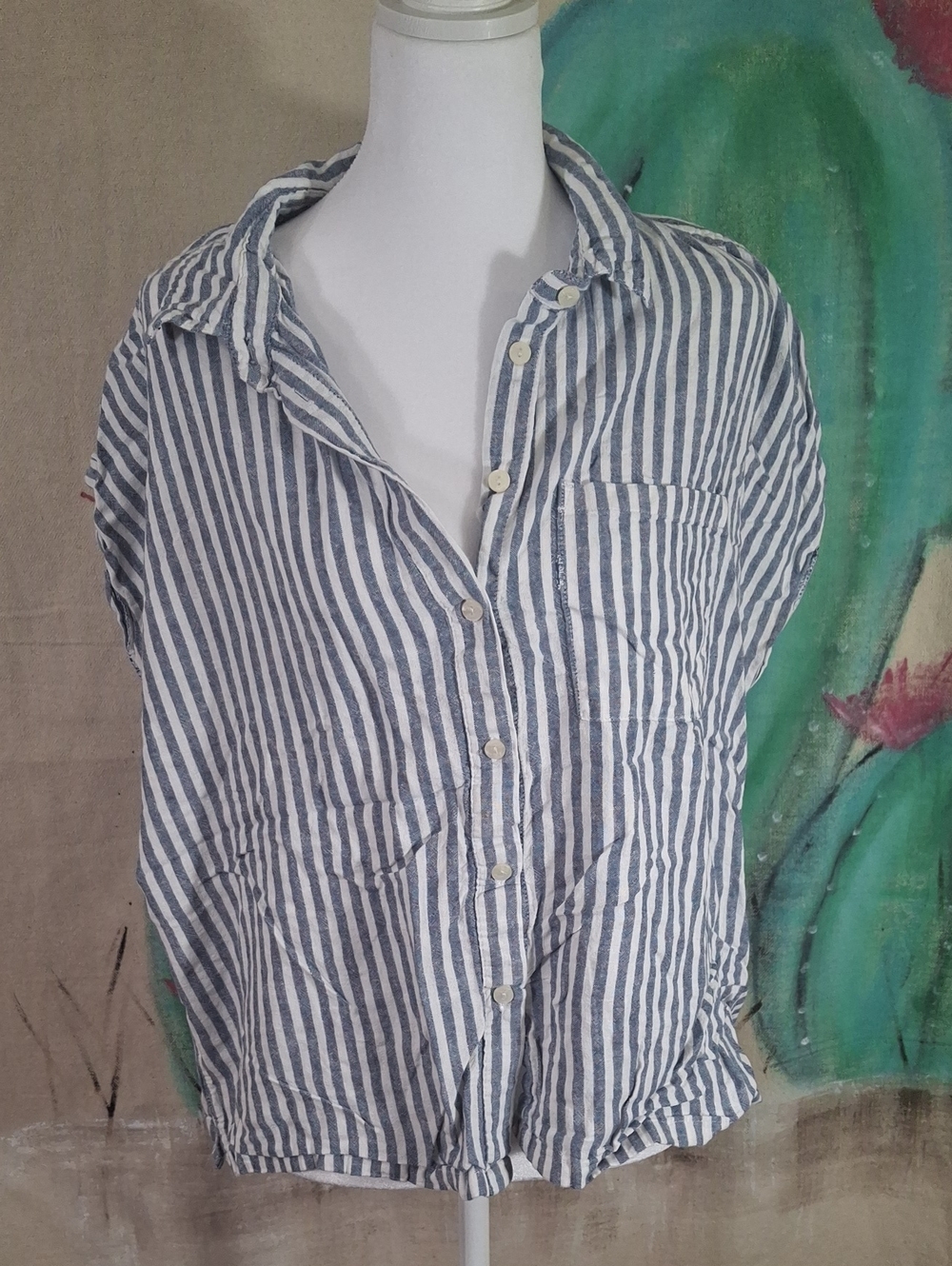Orvis XL Striped Button-Front Linen Blend Women's Top - Blue & White